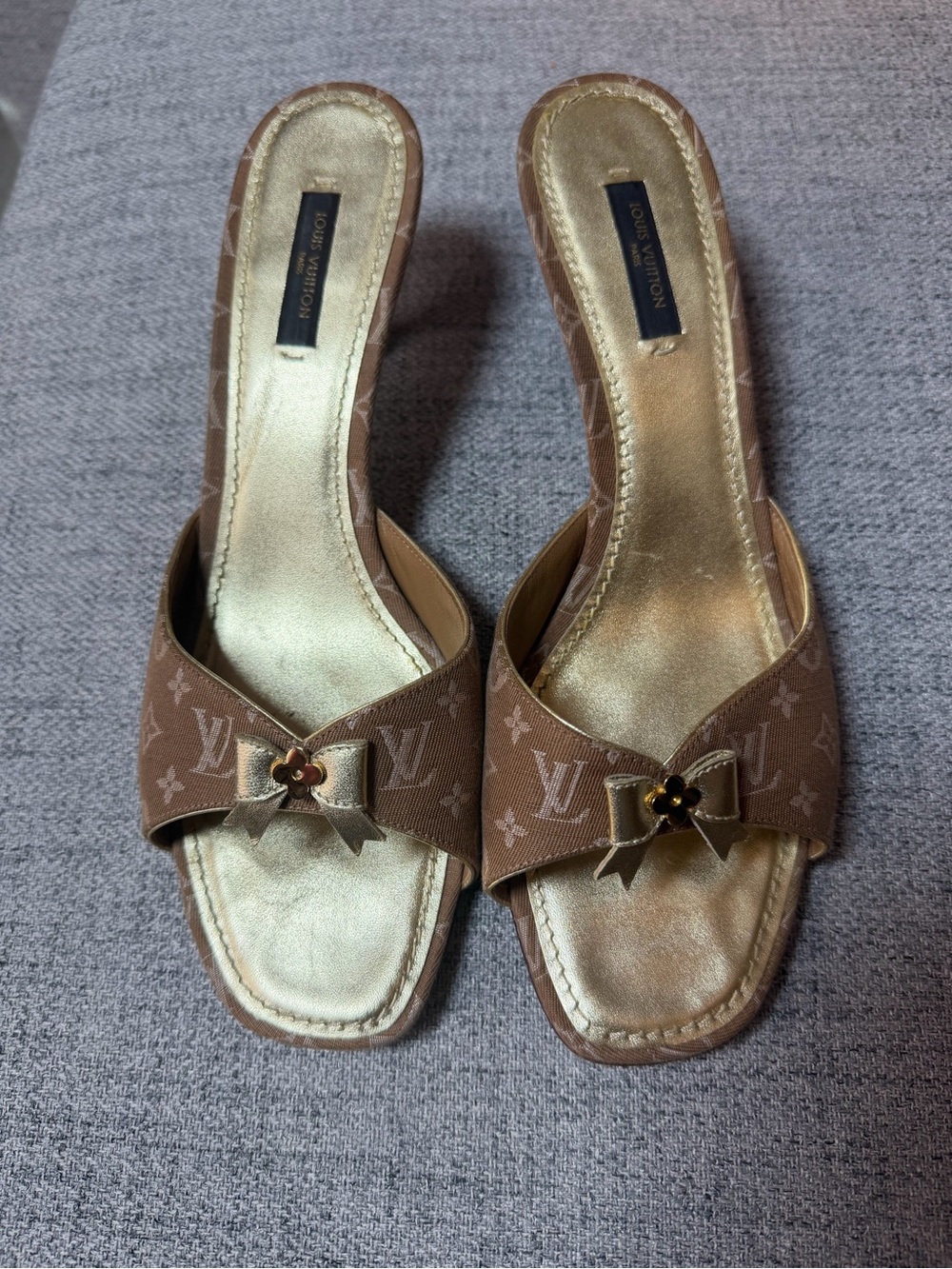 Louis Vuitton Brown Monogram Open-Toe Mules with Gold Bow Detail